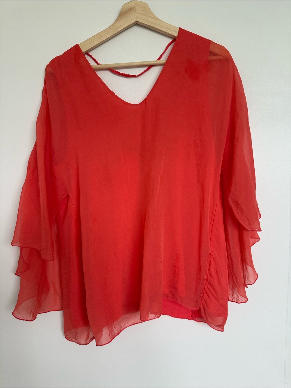 Women’s 100% Silk  Red Chiffon V-Neck Flutter-Sleeve Blouse